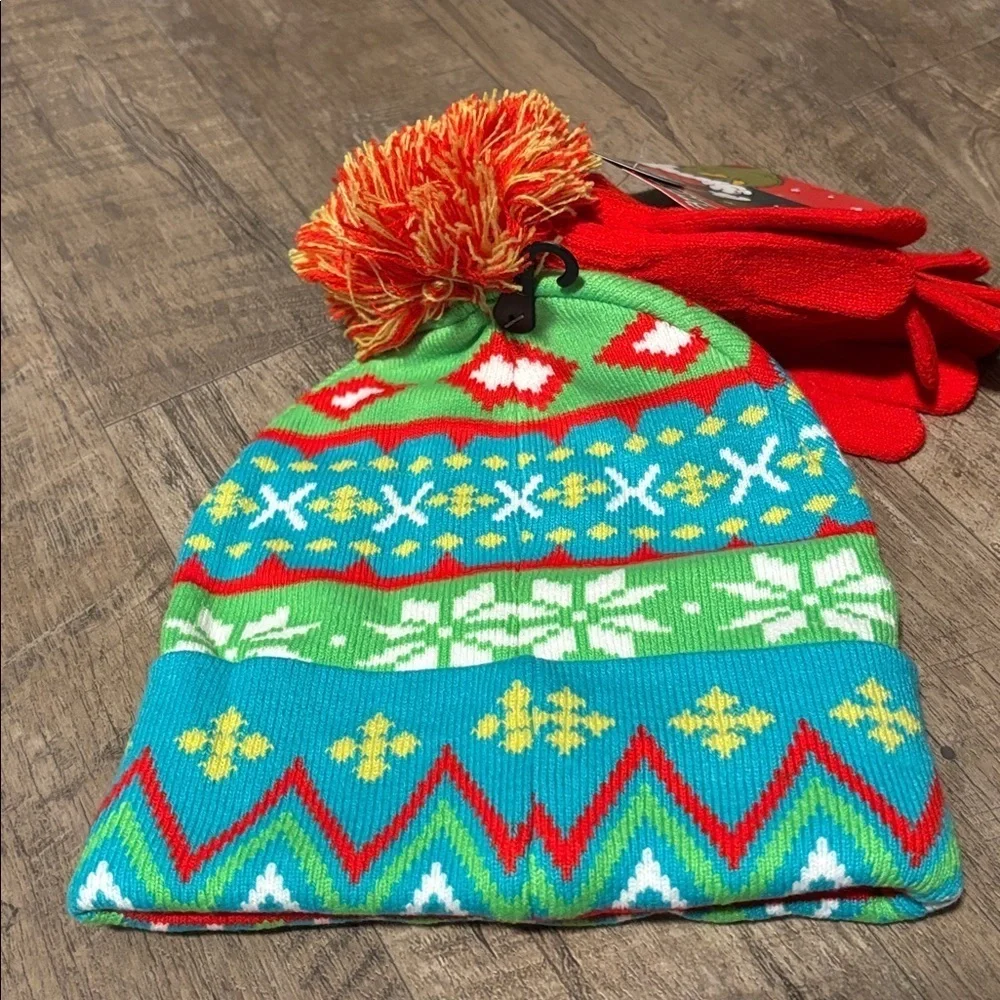 The Grinch 2 pc.Pom Pom Knit Cuffed beanie hat & gloves set,Christmas warm hat